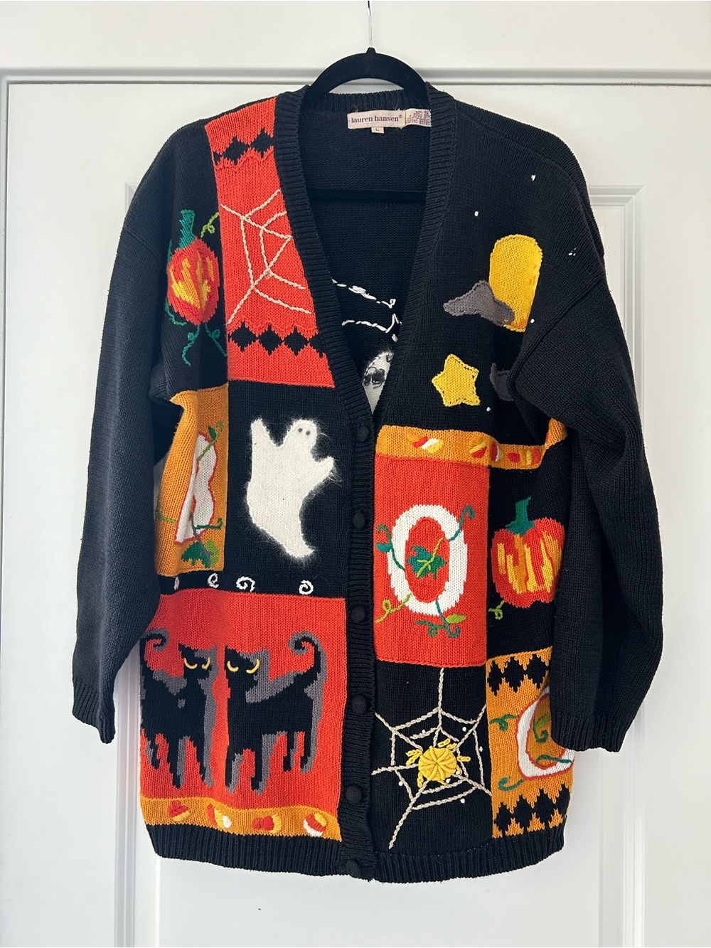 vintage 1990s Lauren Hansen Halloween patchwork knit cardigan sweater sz large